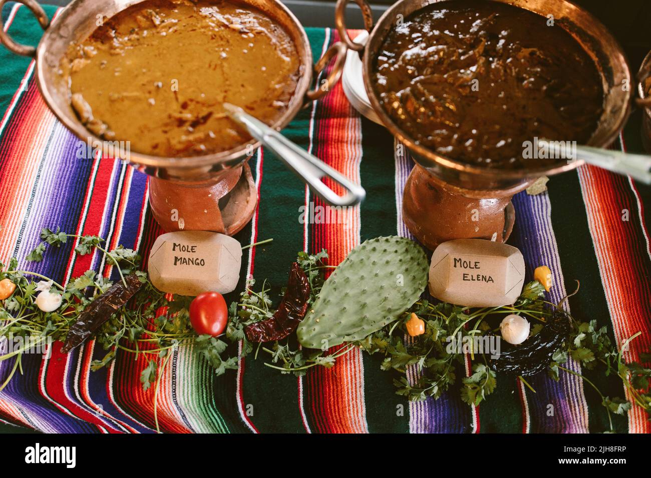 The highangle shot of Mexican cuisine sauces the Mango mole and Elena mole Stock Photo Alamy