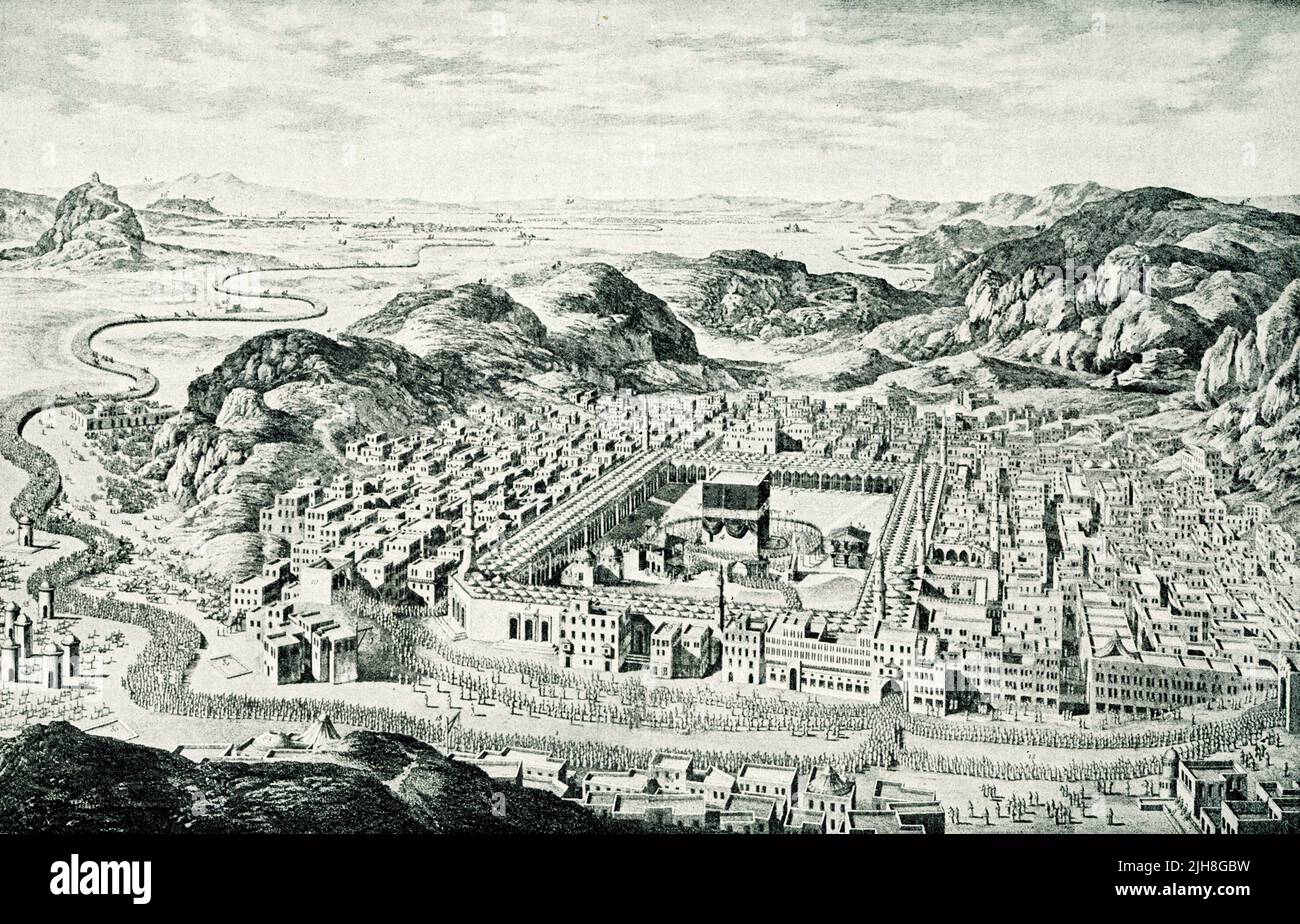 This 1910 image shows a view of Mecca in from the 1790 work “General chart of the Ottoman Empire, divided into two parts, one of which includes the Mohammedan legislation; the other, the history of the Ottoman Empire,” by Ignatius Mouradgea d'Ohsson, an Armenian Stock Photo