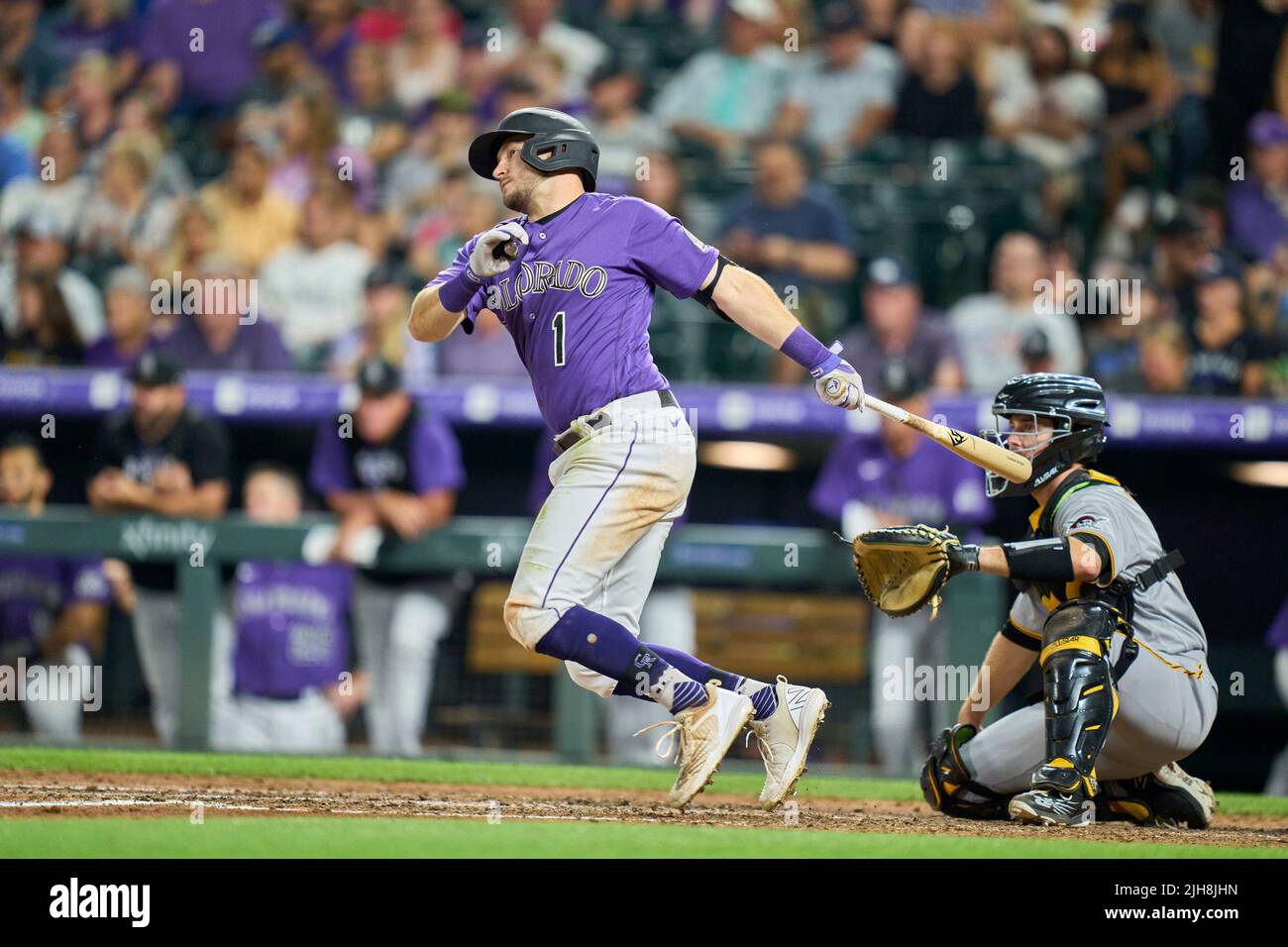 May 4 2022: Colorado designated hitter Charlie Blackmon (19) gets a hit  during the game with Washington Nationals and Colorado Rockies held at  Coors Field in Denver Co. David Seelig/Cal Sport Medi