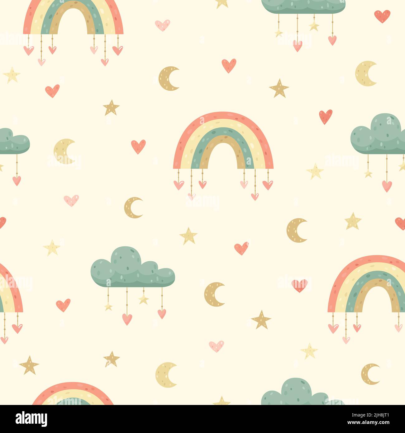 Children's vector seamless pattern with cute rainbows and clouds Stock ...