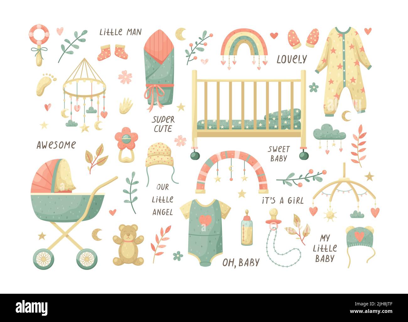 Vector set of children's illustrations with handwritten lettering ...