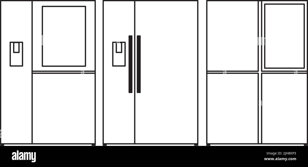 Drawings of double door refrigerators in black lines on a white background Stock Vector