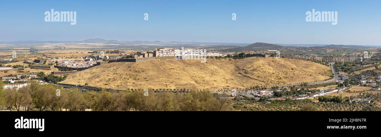 Elvas, Portugal: Panoramic image of the fortified city of Elvas and Aqueduct shot from the fort 'Forte da Graca'. Panoramic image from several single Stock Photo