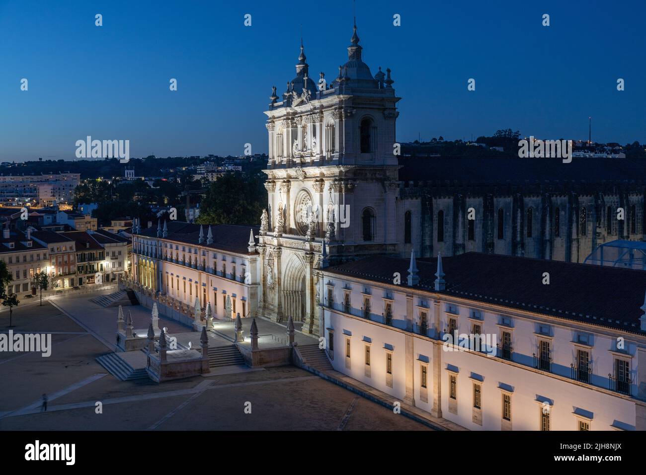 The monastery of Alcobaça, Portugal. Aerial view during twilight / blue hour. Stock Photo