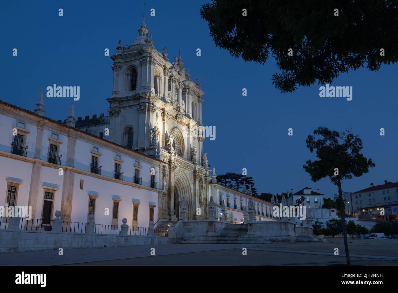 The monastery of Alcobaça, Portugal, during twilight / blue hour. Stock Photo