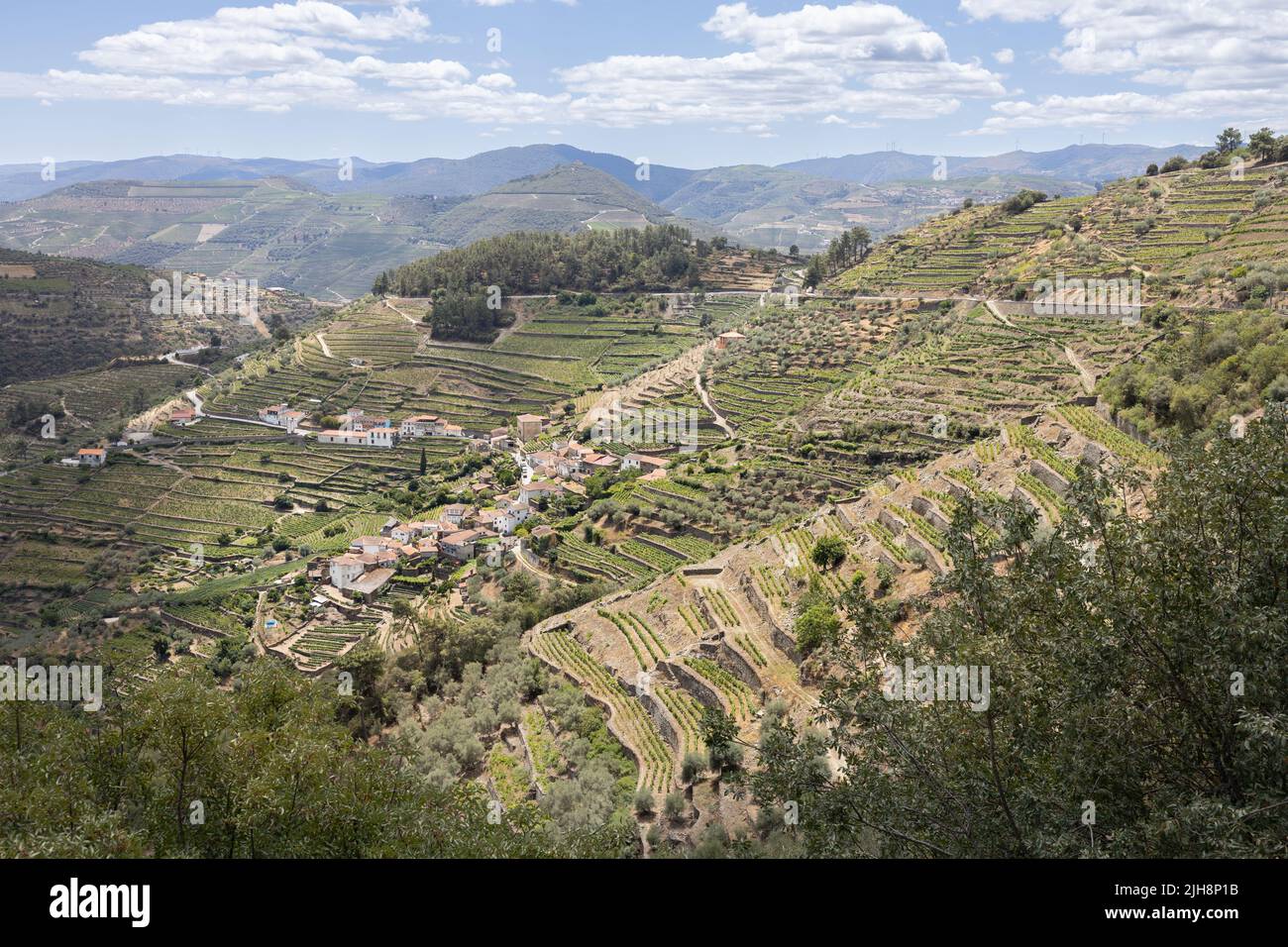 The rolling hills of the winegrowing area of the Douro in Portugal. The village São Cristóvão do Douro in the center Stock Photo