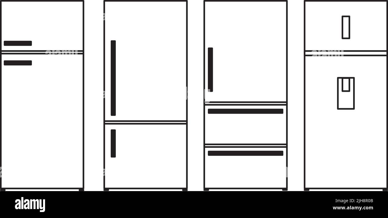 Drawings of refrigerators in black lines on a white background Stock Vector