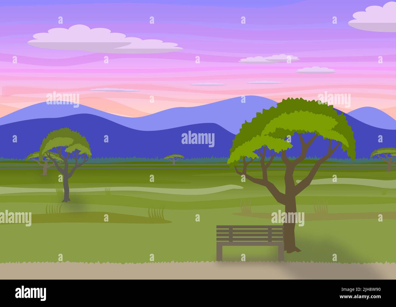 The vector illustration of park scene front view of wooden bench and ...