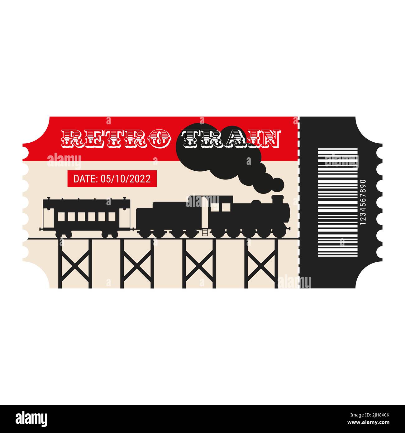 Retro train ticket. Railway Museum entrance ticket. Steam locomotive, vintage wagons, wooden bridge. Barcode, perforation. Flat vector illustration is Stock Vector