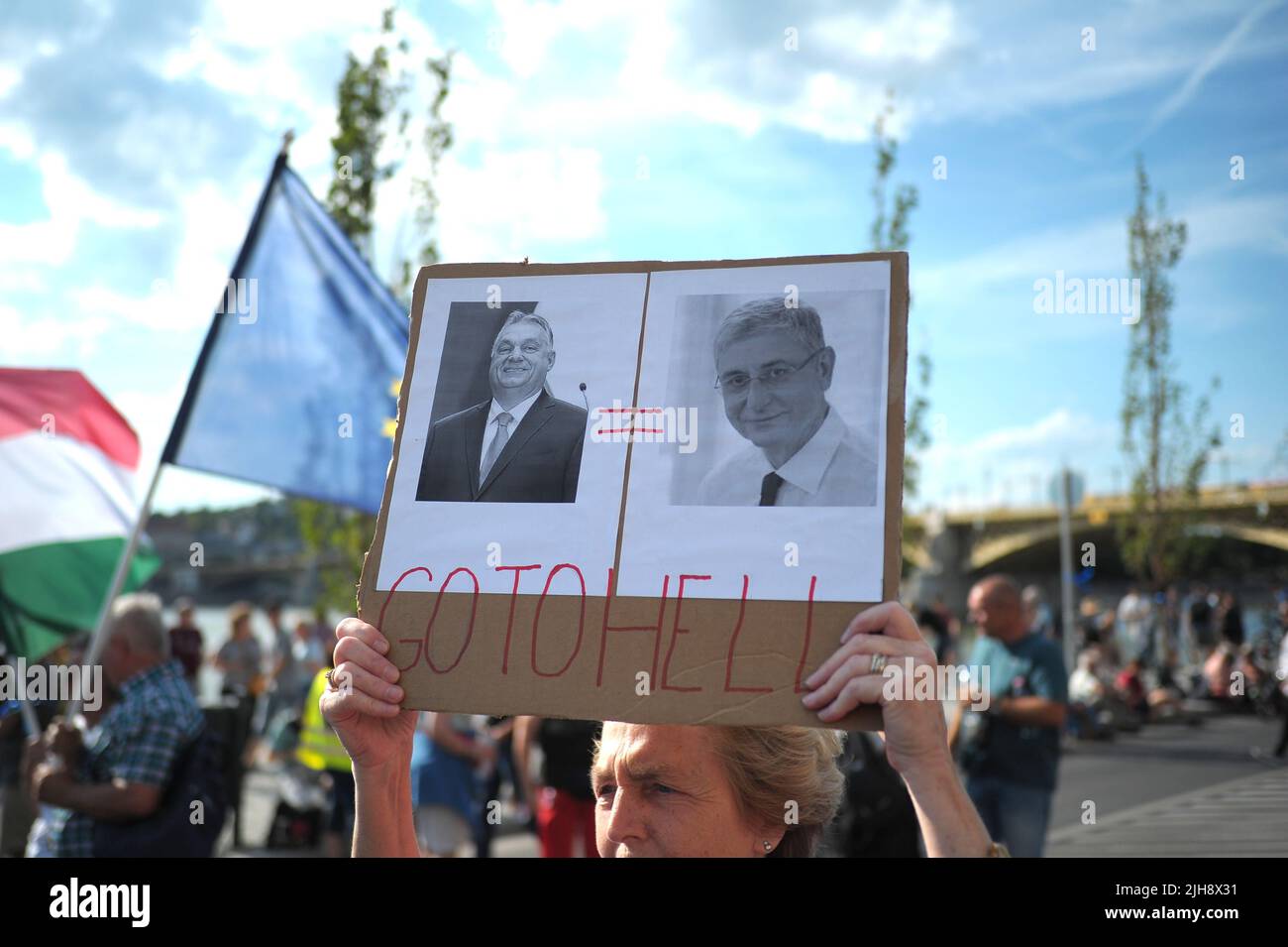 Budapest, Hungary, 16th Jul 2022, sign saying Ferenc Gyurcsány (Former PM) and Viktor Orbán (PM) is equal, Balint Szentgallay / Alamy Live News Stock Photo