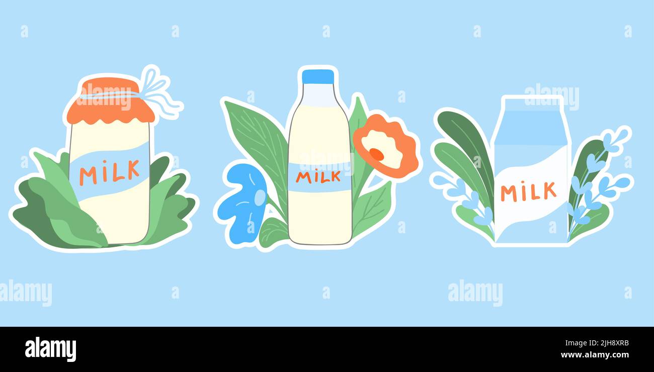 Dairy products sticker set. Milk day. Flat illustration. Vector Stock