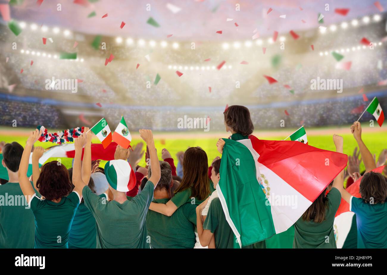 Mexico football supporter on stadium. Mexican fans on soccer pitch