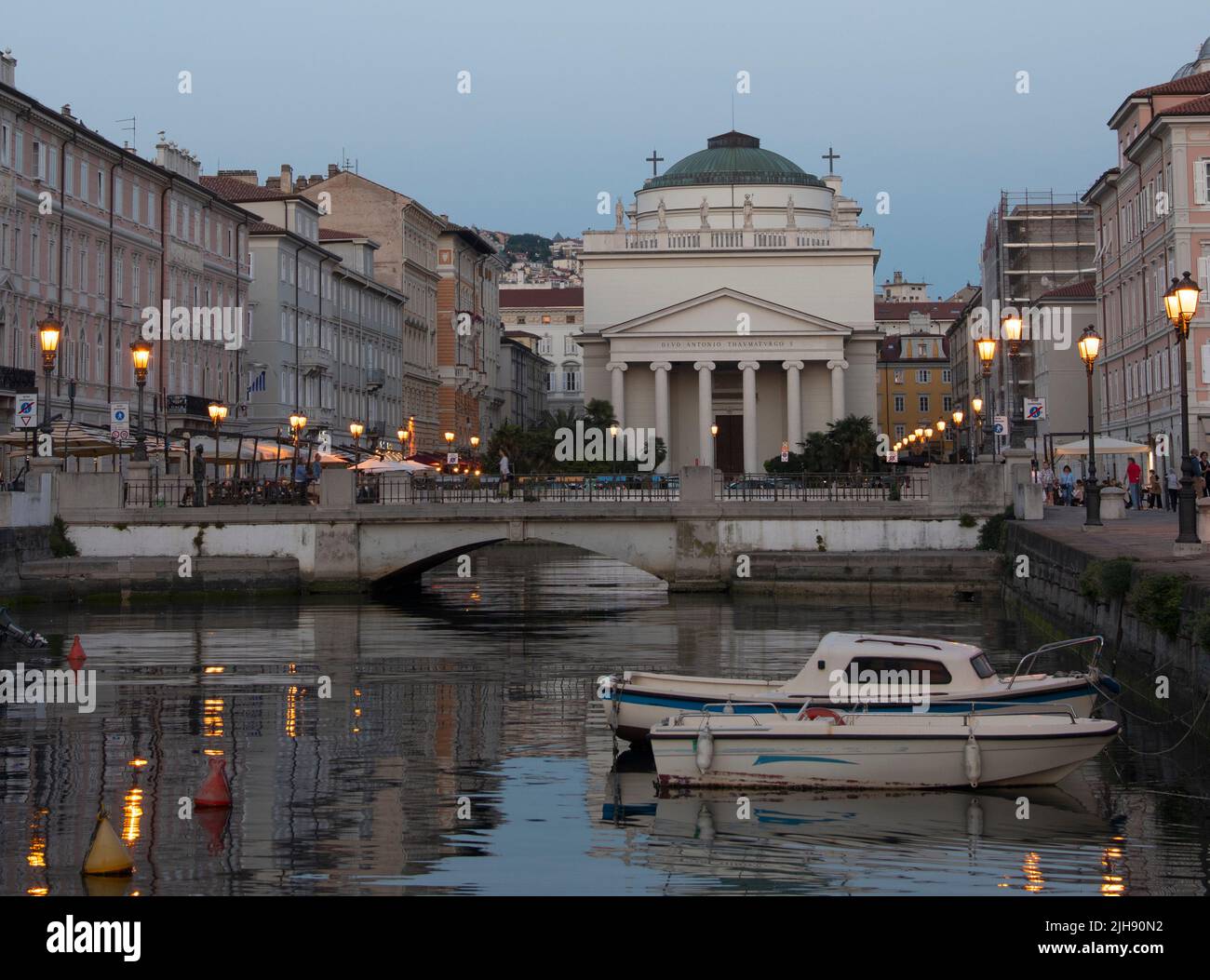 The Grand Canal of Trieste, Italy, (Canal Grande di Trieste) built 1754 to 1756 by Venetian Matteo Pirona featuring Church of Sant’Antonio Taumaturgo Stock Photo
