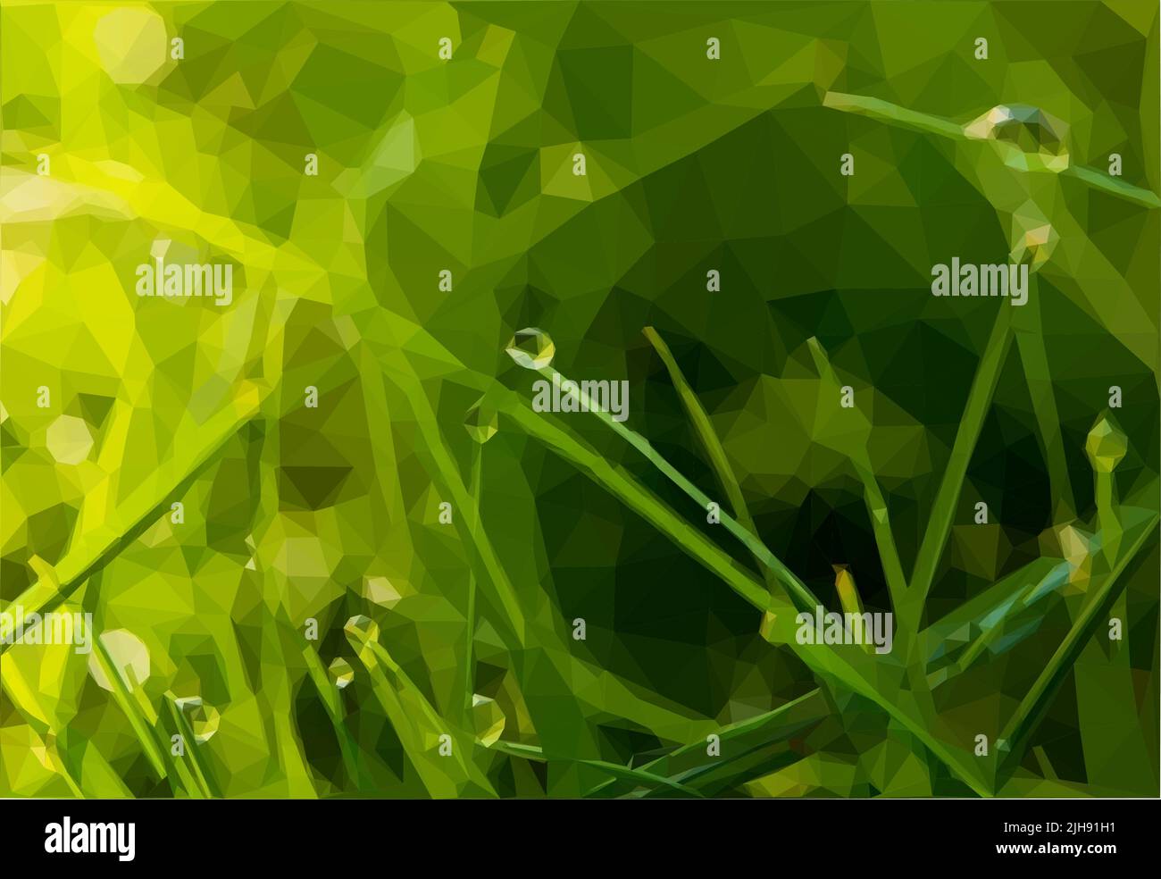 A macro view of fresh green grass with dew drops - low poly art Stock ...