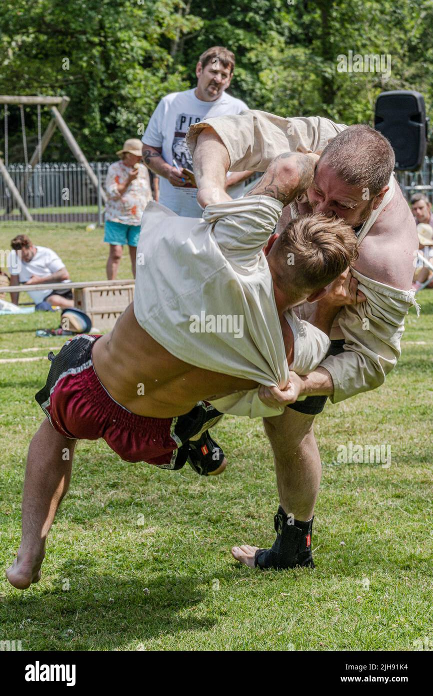 Newquay, Cornwall, UK. 16th Jul, 2020. The first round of the Mens Open in the Grand Cornish Wrestling Tournament on the picturesque village green of St Mawgan in Pydar in Cornwall. Credit: Gordon Scammell/Alamy Live News Stock Photo
