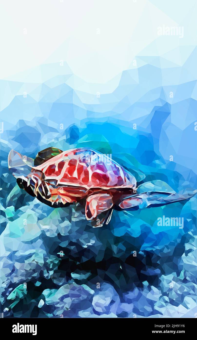 A watercolor painting of sea turtle swimming underwater - low poly art Stock Vector