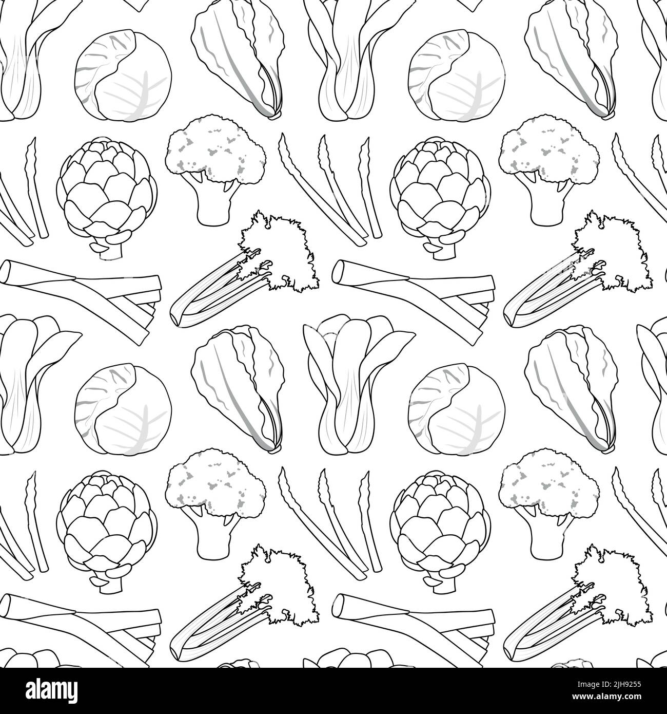 Seamless vector pattern background of leafy green vegetables made of simple illustrations. Stock Vector