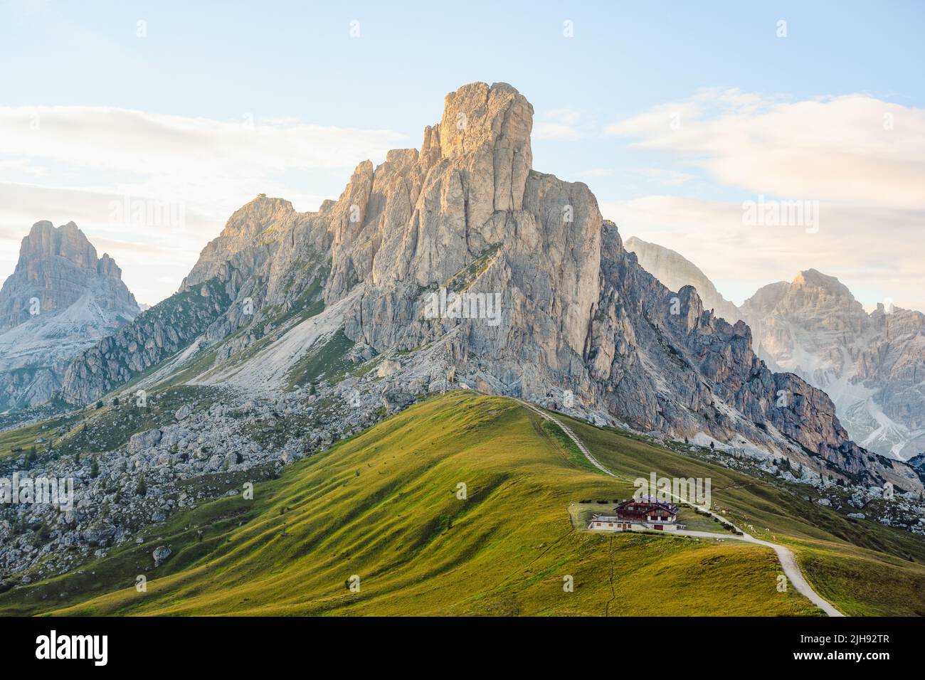 Stunning view of the Giau pass during a beautiful sunset. The Giau Pass
