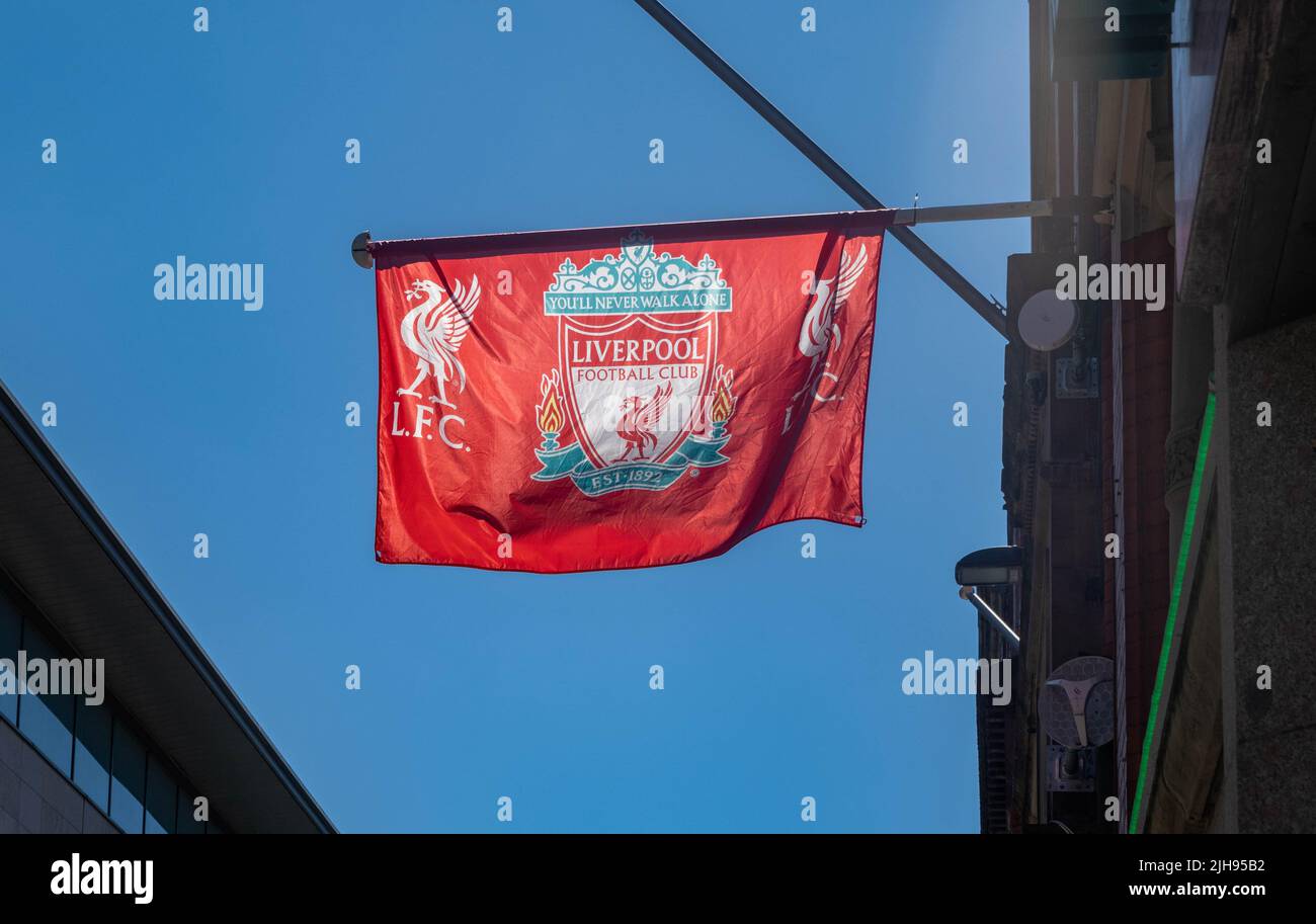 LFC banner hanging outside a restaurant in Liverpool City Centre Stock Photo