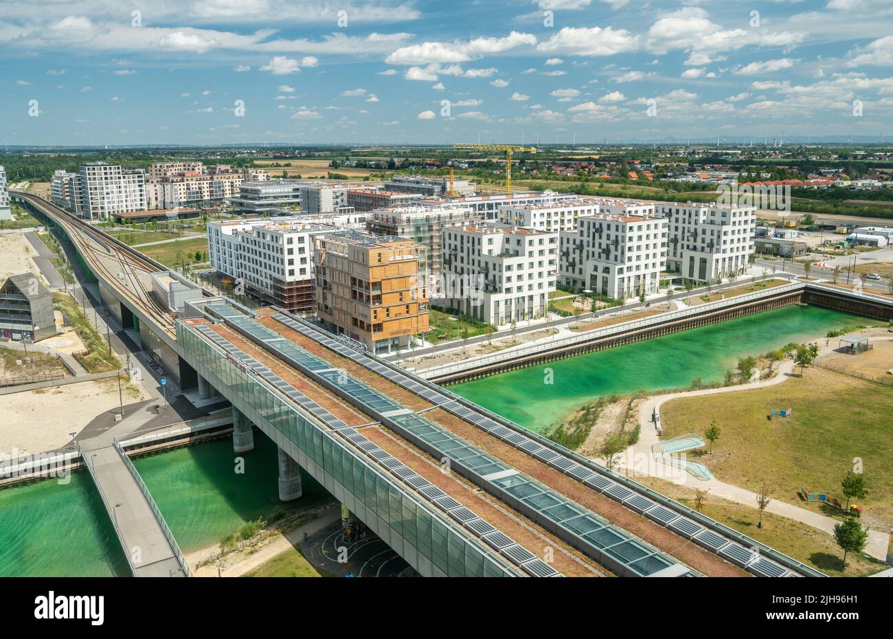 Vienna, Austria – July 15, 2022. Aerial view over Aspern Seestadt neighbourhood of Vienna. Stock Photo