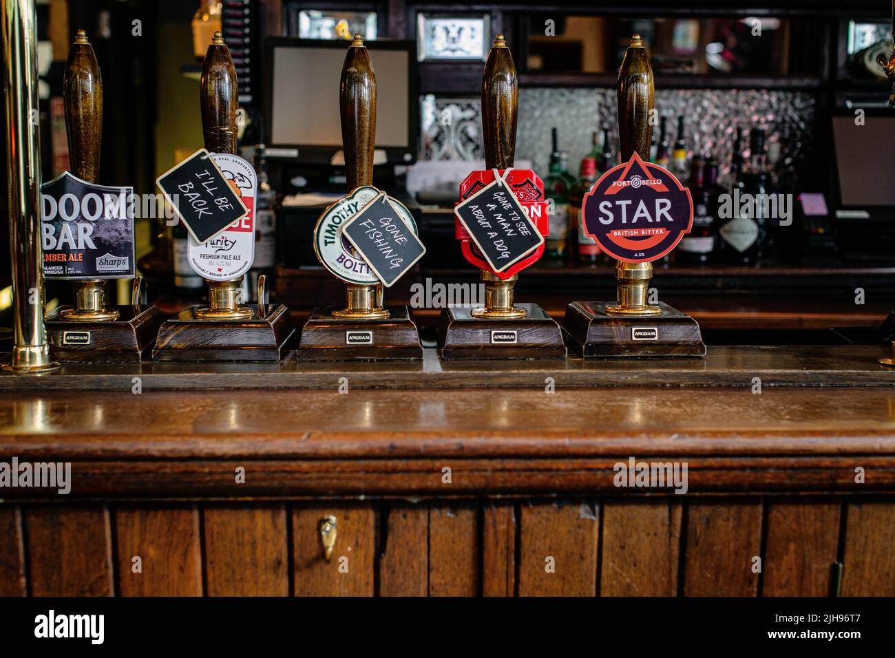 Bar pumps  at The Lord Clyde pub, Clennan Street, Southwark, London, England, UK Stock Photo