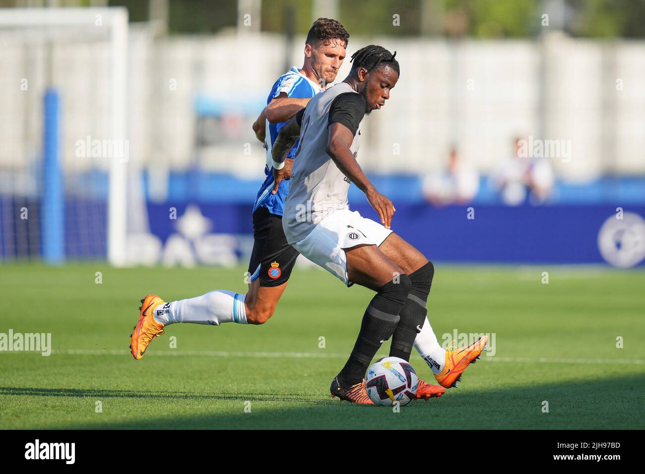 Stephy Mavididi of Montpellier HSP and Sergi Gomez of RCD Espanyol during  the friendly match between RCD Espanyol and Montpellier Herault Sport Club  played at Ciutat Deportiva Dani Jarque on July 16,