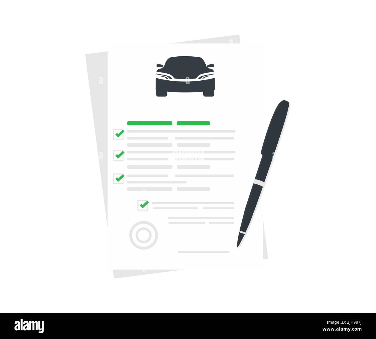 Car insurance document, report. Agreement contract Insurance car. Paper agreement checklist or loan checkmarks form list approved with automobile. Stock Vector