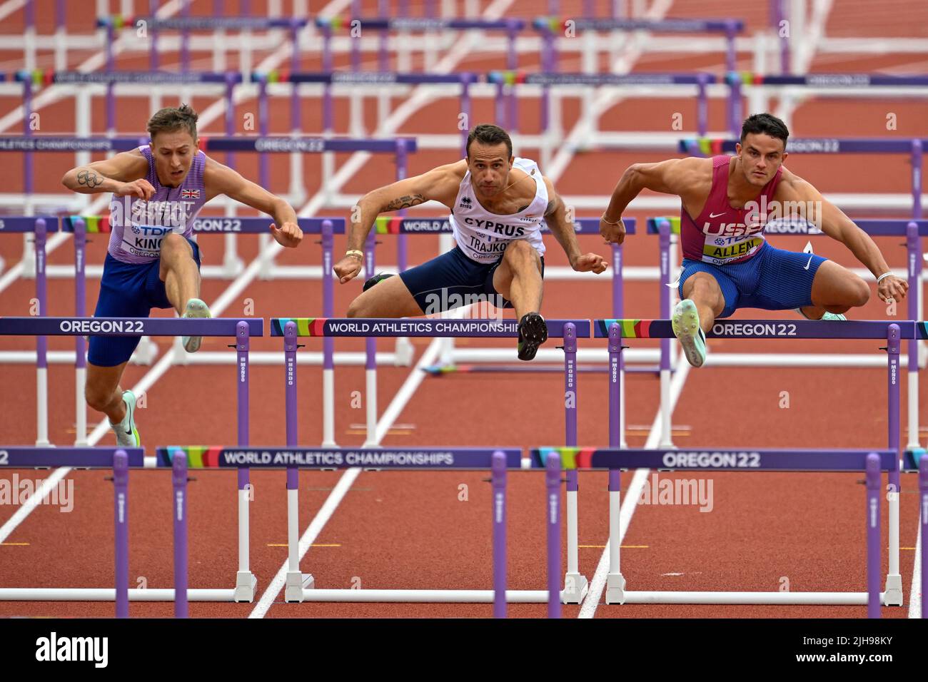 EUGENE, UNITED STATES - JULY 16: David King of Great Britain, Milan Trajkovic of Cyprus, Devon Allen of USA competing on Men's 110 metres Hurdles during the World Athletics Championships on July 16, 2022 in Eugene, United States (Photo by Andy Astfalck/BSR Agency) Stock Photo