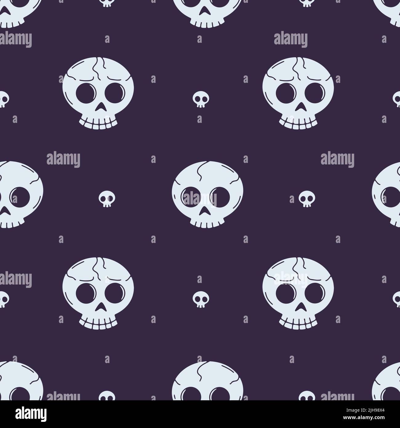 Seamless pattern with line art skulls on a dark purple background Stock Vector