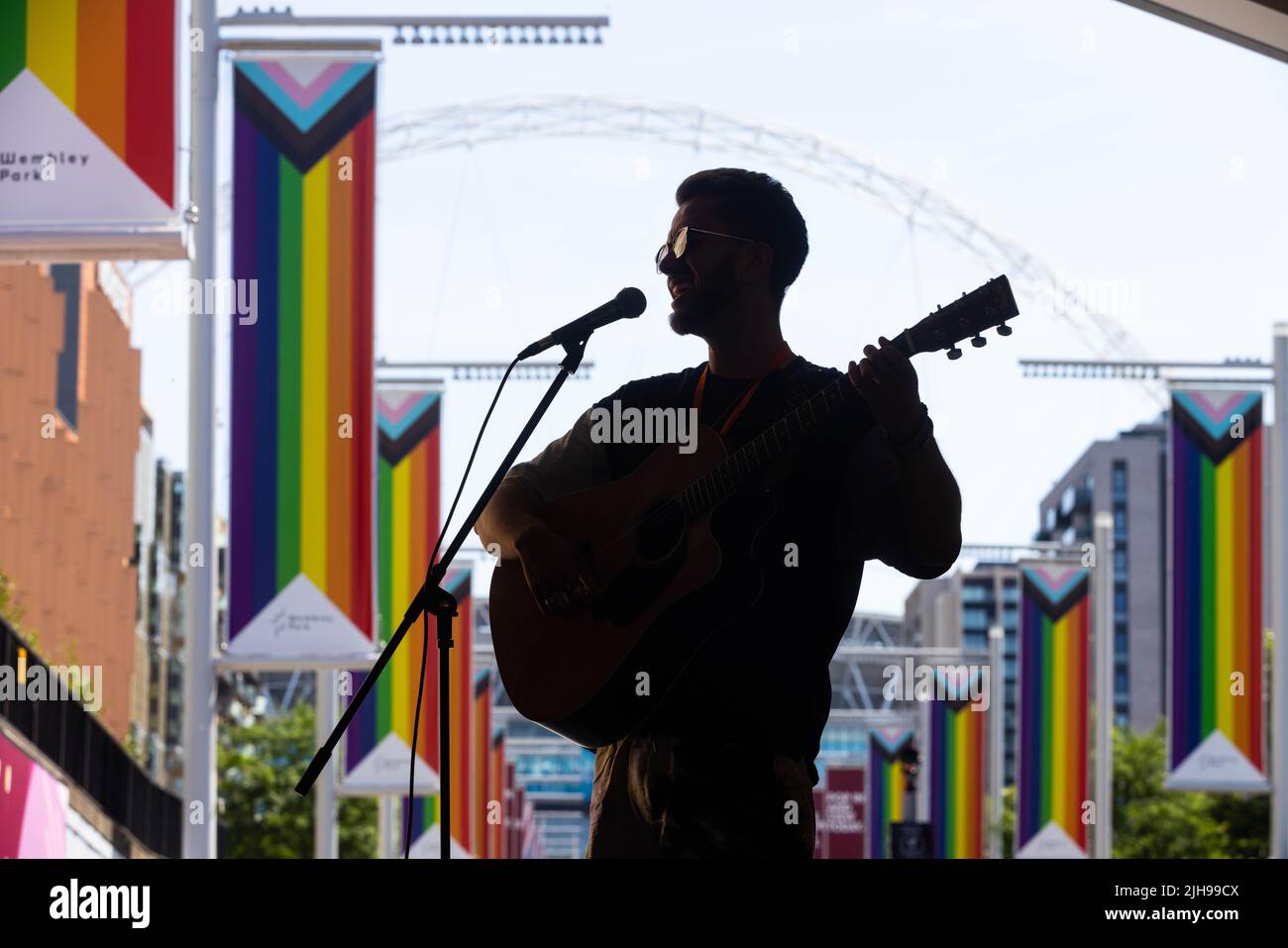 EDITORIAL USE ONLY Ian Janco performs to crowds during the annual International Busking Day event at Wembley Park, London. Picture date: Saturday July 16, 2022. Stock Photo