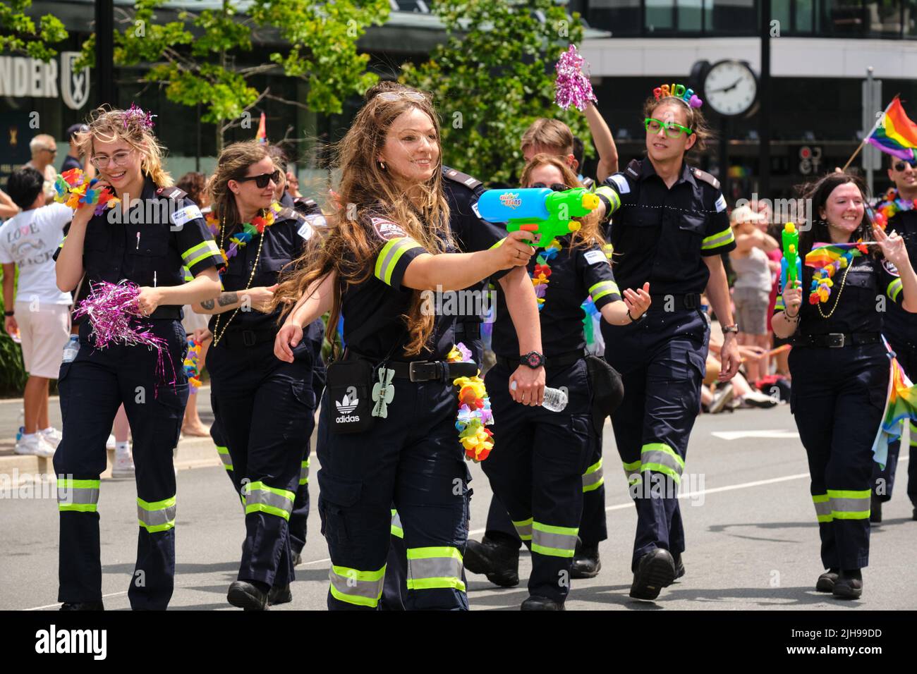 Halifax, Canada. July 16th, 2022. EMS float in the 2022 Halifax Pride Parade watering spectator on a hot sunny day. The Parade returns through the street of the city after two years absence. Credit: meanderingemu/Alamy Live News Stock Photo