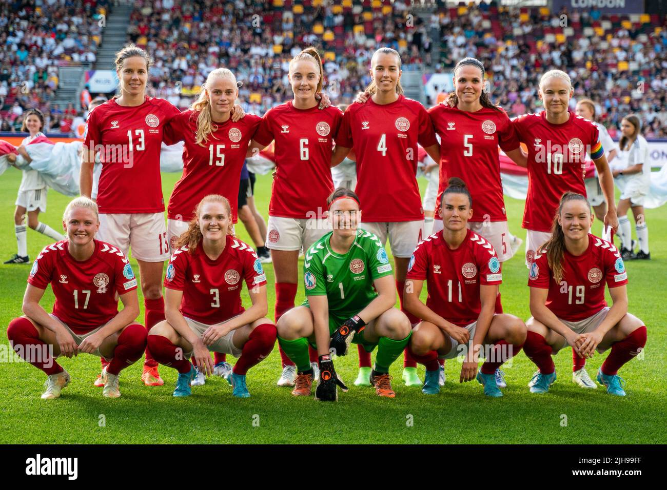 Brentford, UK. 16th July, 2022. Denmark starting line up during the UEFA Womens Euro 2022 football match between Denmark and Spain at the Brentford Community Stadium in Brentford, England. (Foto: Sam Mallia/Sports Press Photo/C - ONE HOUR DEADLINE - ONLY ACTIVATE FTP IF IMAGES LESS THAN ONE HOUR OLD - Alamy) Credit: SPP Sport Press Photo. /Alamy Live News Stock Photo