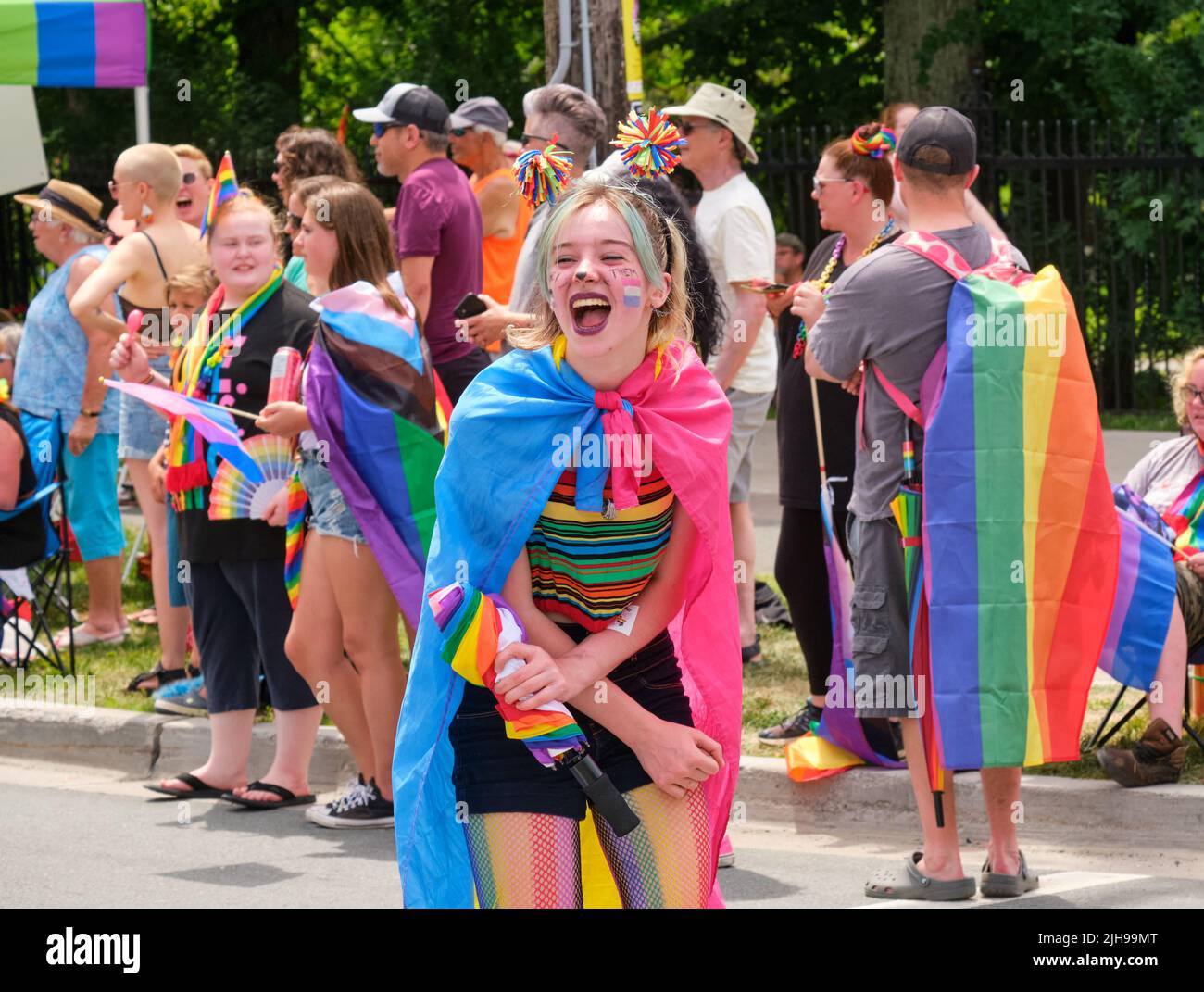 Halifax, Canada. July 16th, 2022. Participant in the 2022 Halifax Pride Parade having a great time. The Parade returns through the street of the city after two years absence. Credit: meanderingemu/Alamy Live News Stock Photo