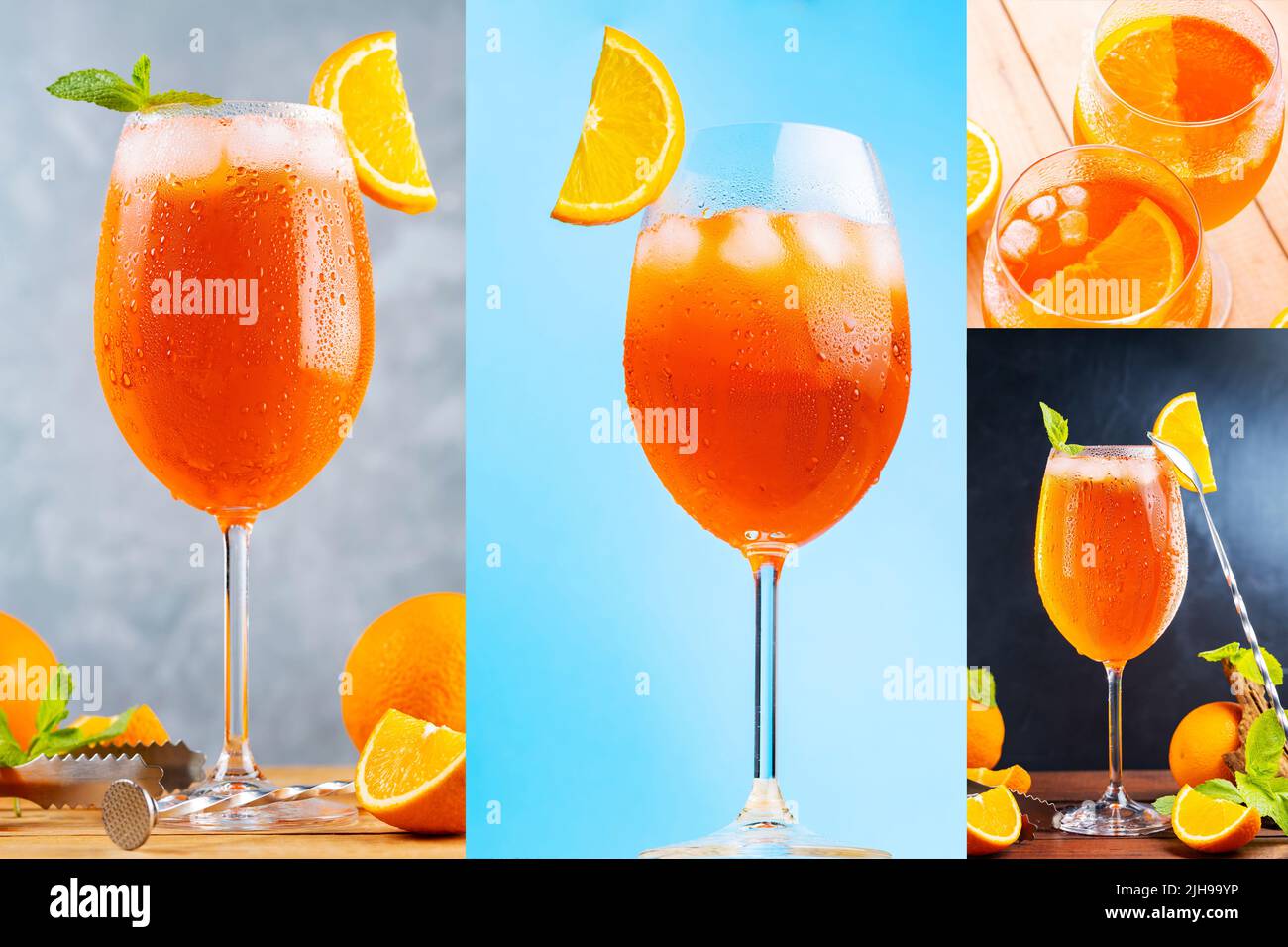 Aperol Spritz collage. Cocktail Aperol Spritz with orange slice and bar ...