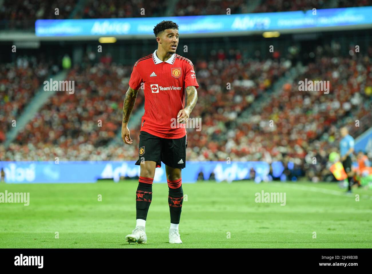 Jadon Sancho of Manchester United seen in action during the preseason match between Manchester United against Liverpool at Rajamangala stadium.(Final score; Manchester United 4:0 Liverpool). Stock Photo