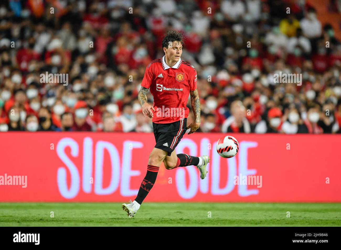 Victor Lindelof of Manchester United seen in action during the preseason match between Manchester United against Liverpool at Rajamangala stadium.(Final score; Manchester United 4:0 Liverpool). Stock Photo
