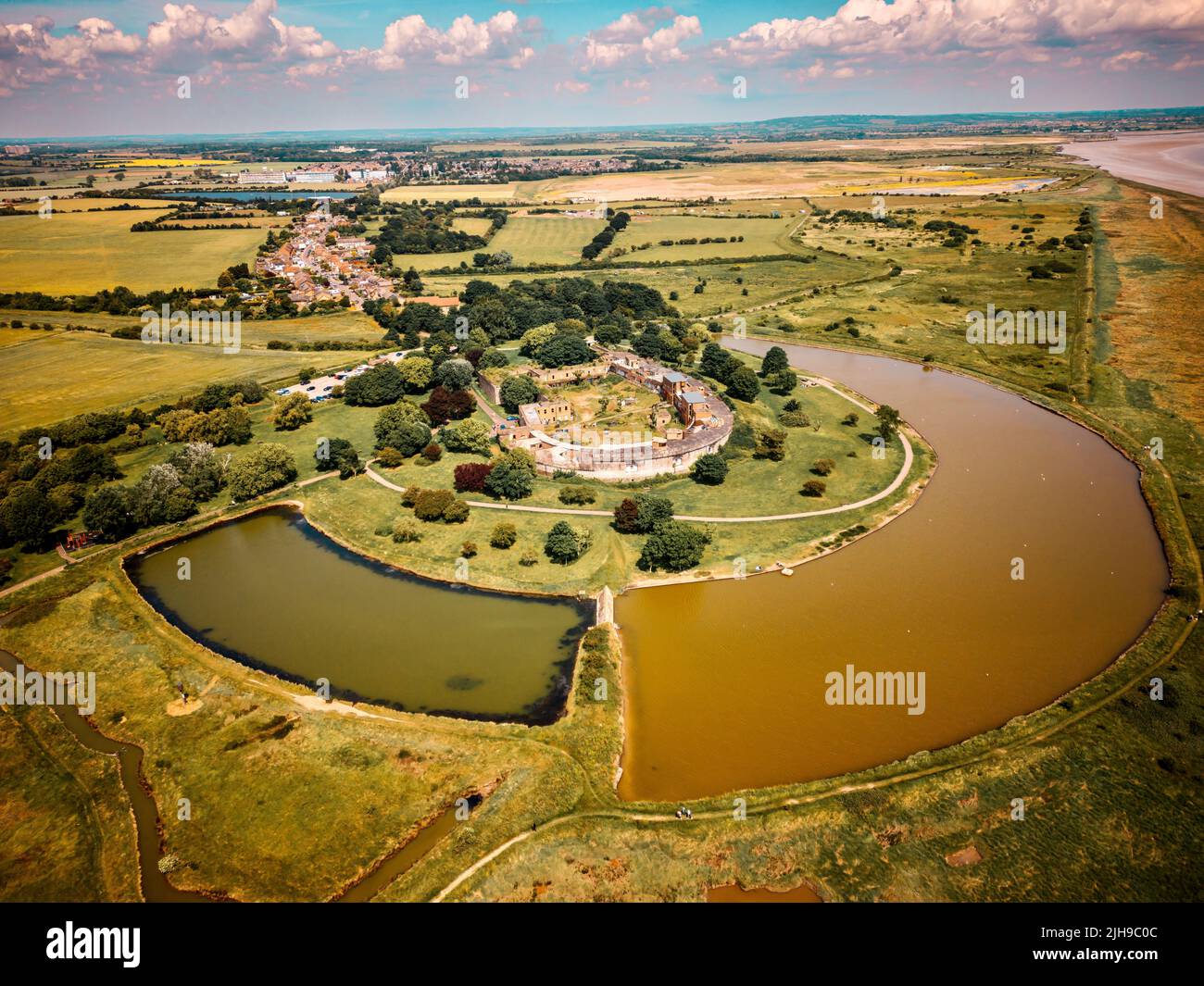 An aerial drone shot of the Coalhouse Fort Park in East Tilbury