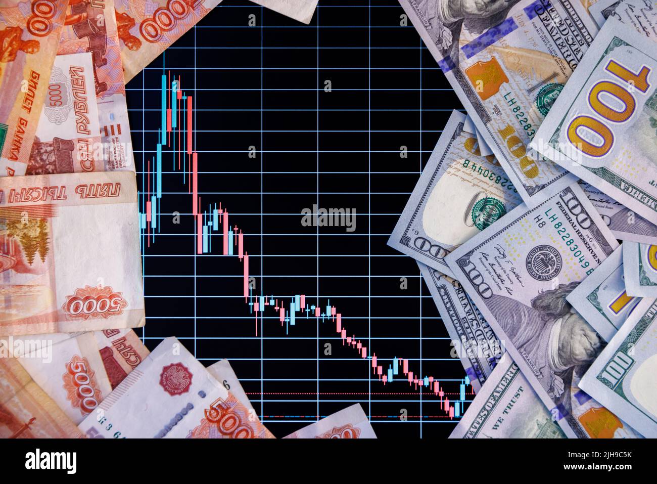 US dollar and russian ruble banknotes over digital screen with exchange