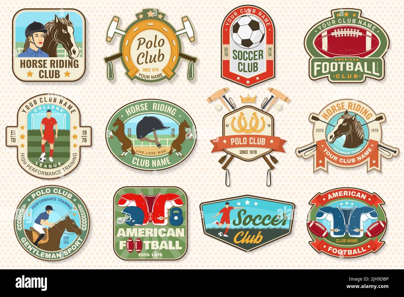Set of american football, soccer, polo and horse riding club embroidery