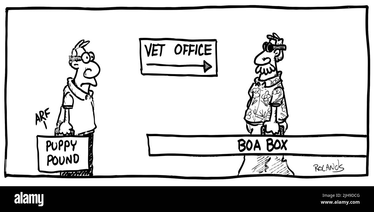 Cartoon of two people at a vet office with pet carriers, one with a dog the other a snake Stock Photo