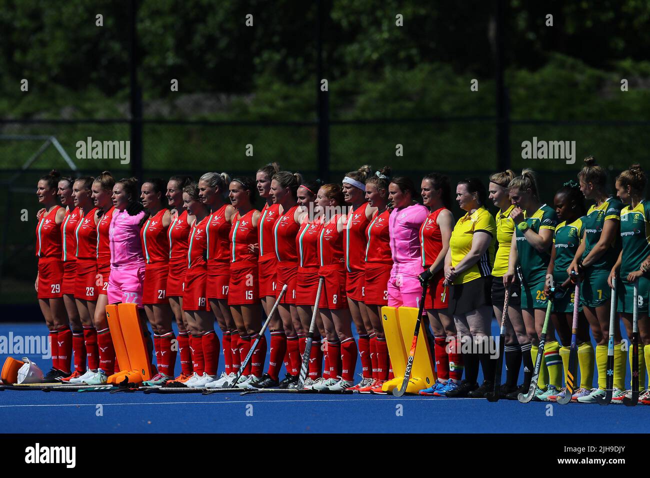 Cardiff, UK. 16th July, 2022. Wales women's hockey team sing their national anthem before the match.Wales v South Africa, Women's international hockey match at the National Hockey Centre, Sophia Gardens in Cardiff, South Wales on Saturday 16th July 2022. this image may only be used for Editorial . pic by Andrew Orchard/Andrew Orchard sports photography/Alamy Live news Credit: Andrew Orchard sports photography/Alamy Live News Stock Photo