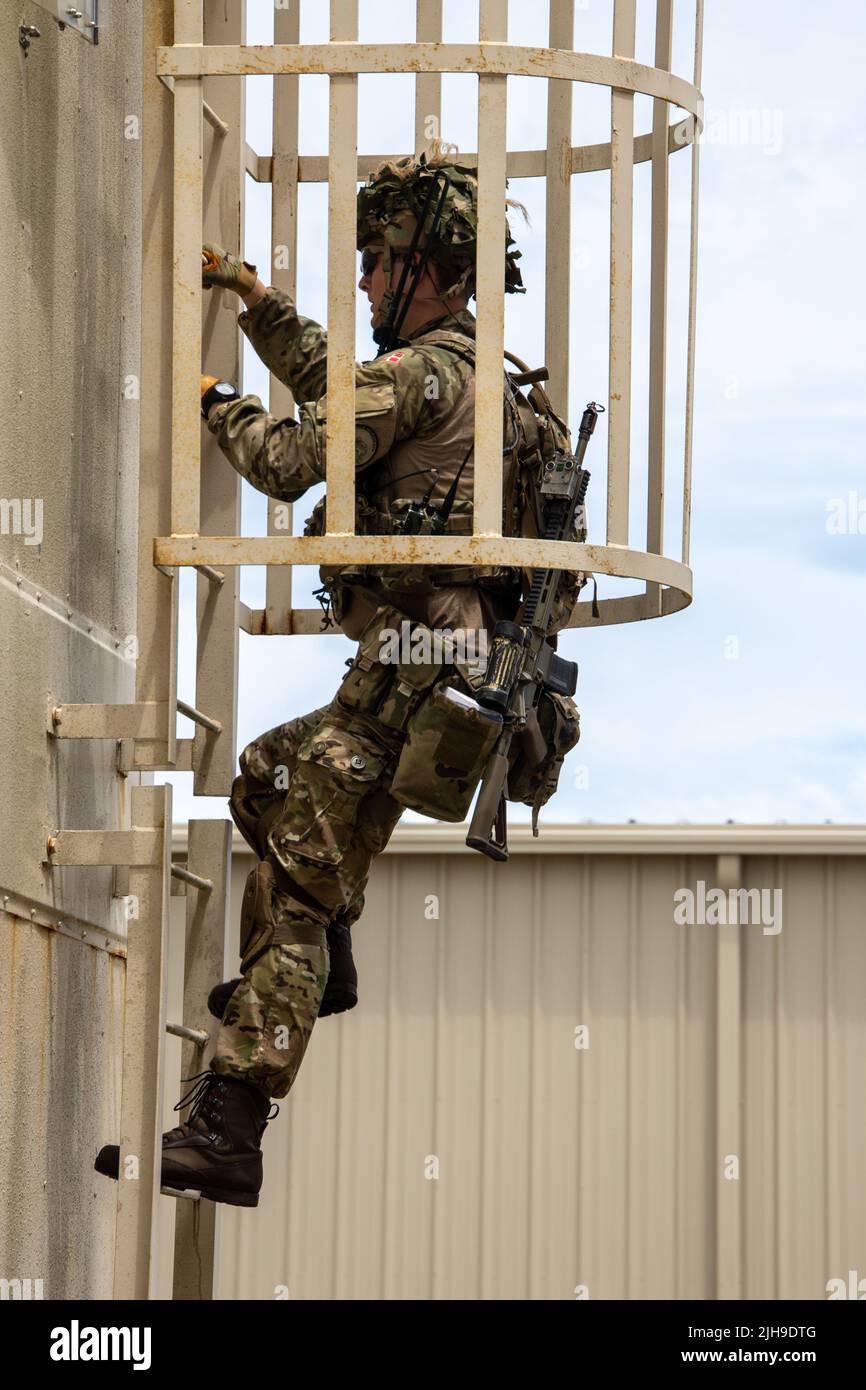 A Danish Royal soldier climbs a ladder during urban environment training as part of Exercise Burmese Chase at Marine Corps Air Station Cherry Point, North Carolina, July 13, 2022. Exercise Burmese Chase is a longstanding fire support exercise hosted by 2nd Air-Naval Gunfire Liaison Company focused on improving combat readiness and strengthening relationships with allies and partners. (U.S. Marine Corps photo by Lance Cpl. Rafael Brambila-Pelayo) Stock Photo