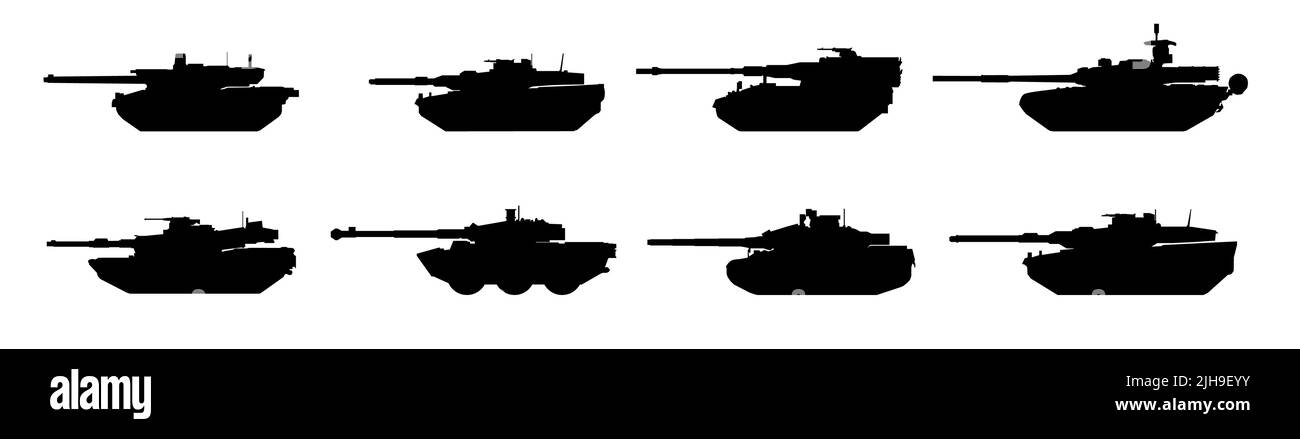Set of modern tank silhouettes. Black military battle machine vectors icon on white background, army war transport. Stock Vector