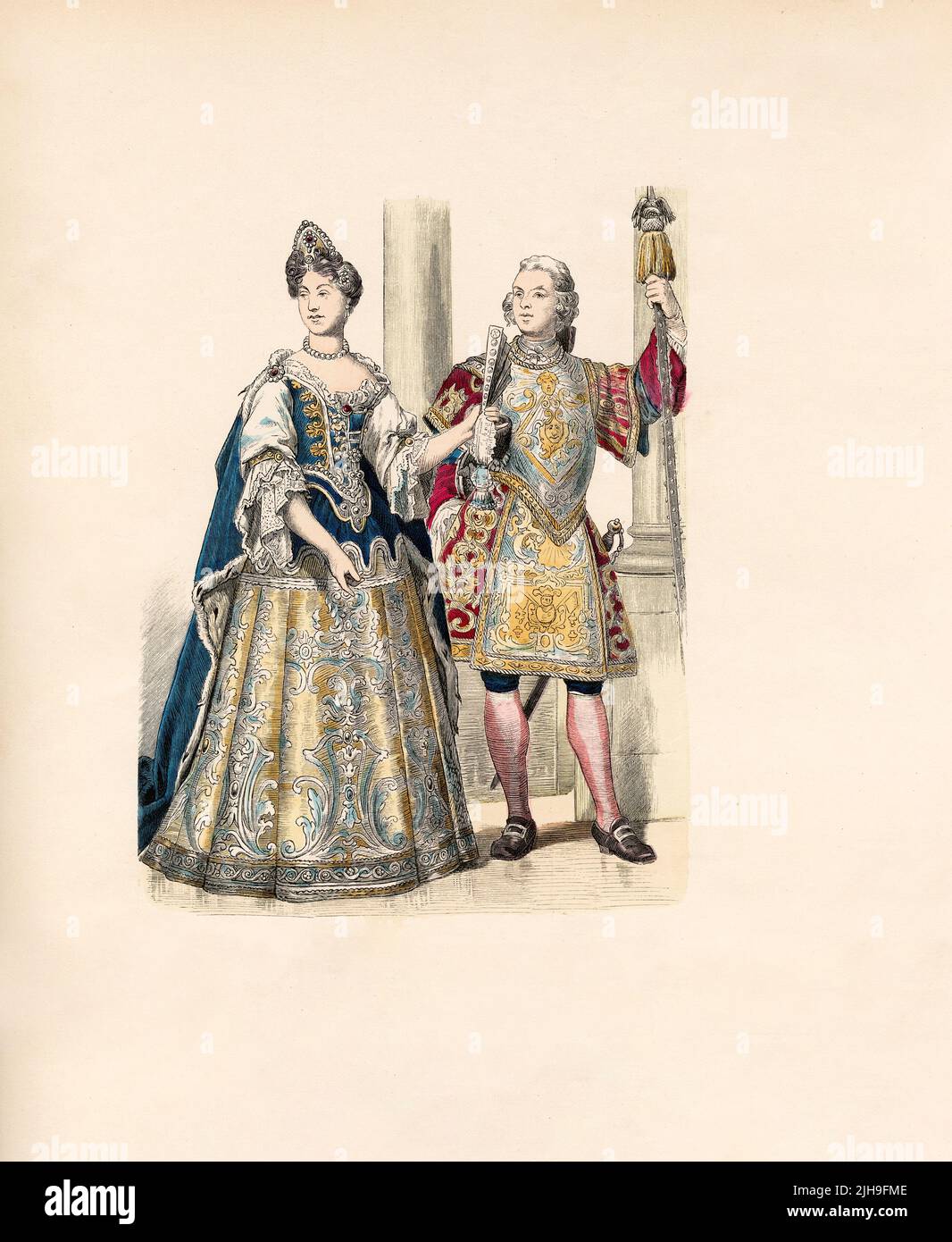 Francoise Marie de Bourbon, Duchess of Orleans (1702), Palace Guard of Louis XV of France (1724), Illustration, The History of Costume, Braun & Schneider, Munich, Germany, 1861-1880 Stock Photo