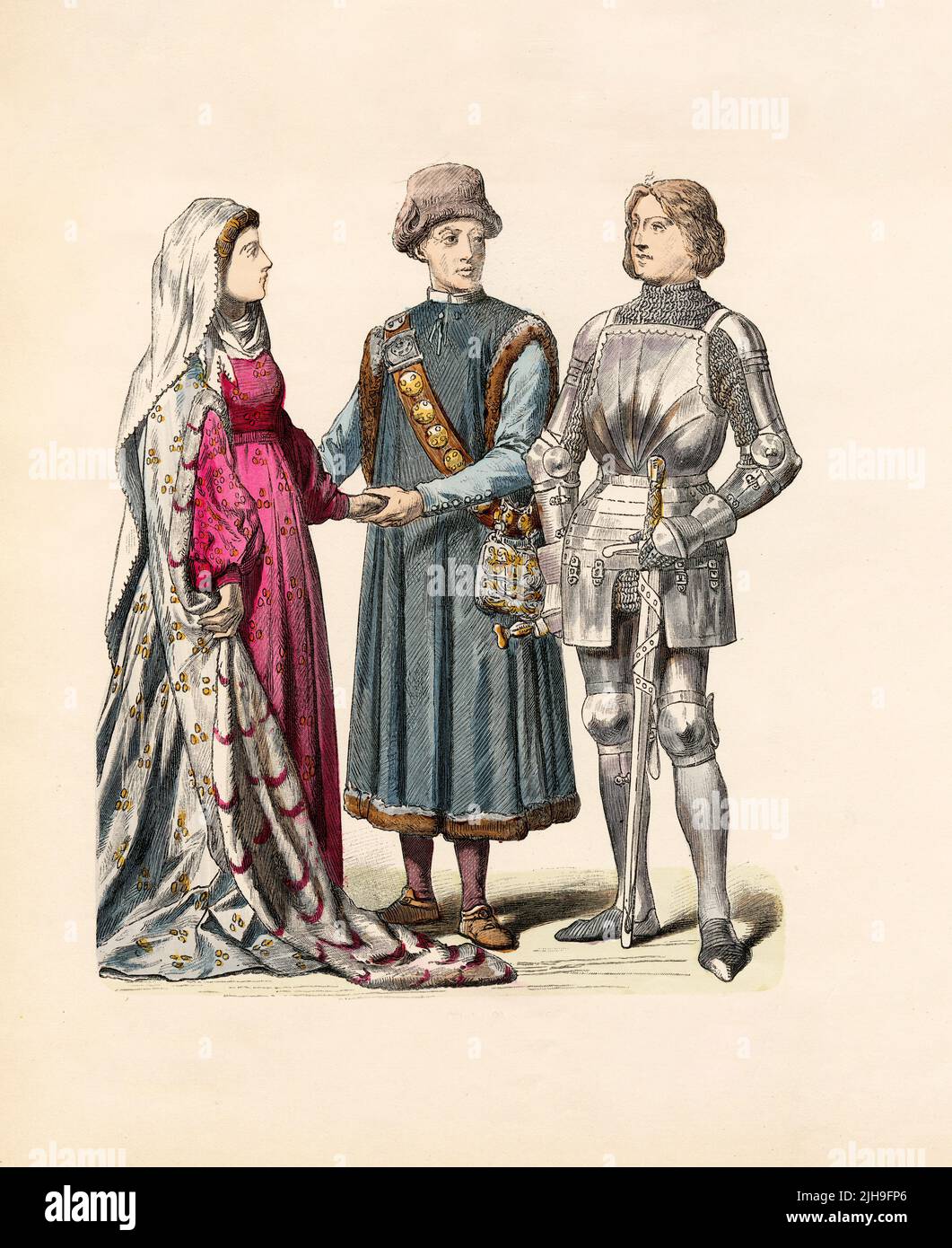 Lady's Dress (Mid 1400), Townsman of Ravensburg (1429), Knight of Stettenberg (1428), Germany, 15th Century, Illustration, The History of Costume, Braun & Schneider, Munich, Germany, 1861-1880 Stock Photo