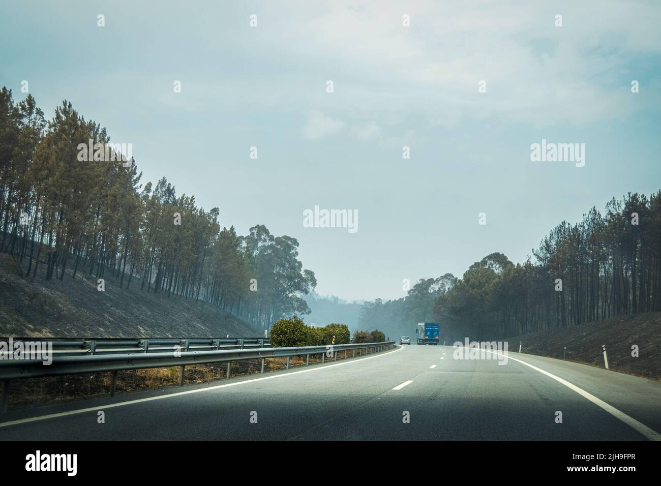 Burned motorways sides on Portugal 2022 near Pombal exit on highway. Smoke from recent fires on road sides. Incendios Portugal. Wildfires devastation. Stock Photo