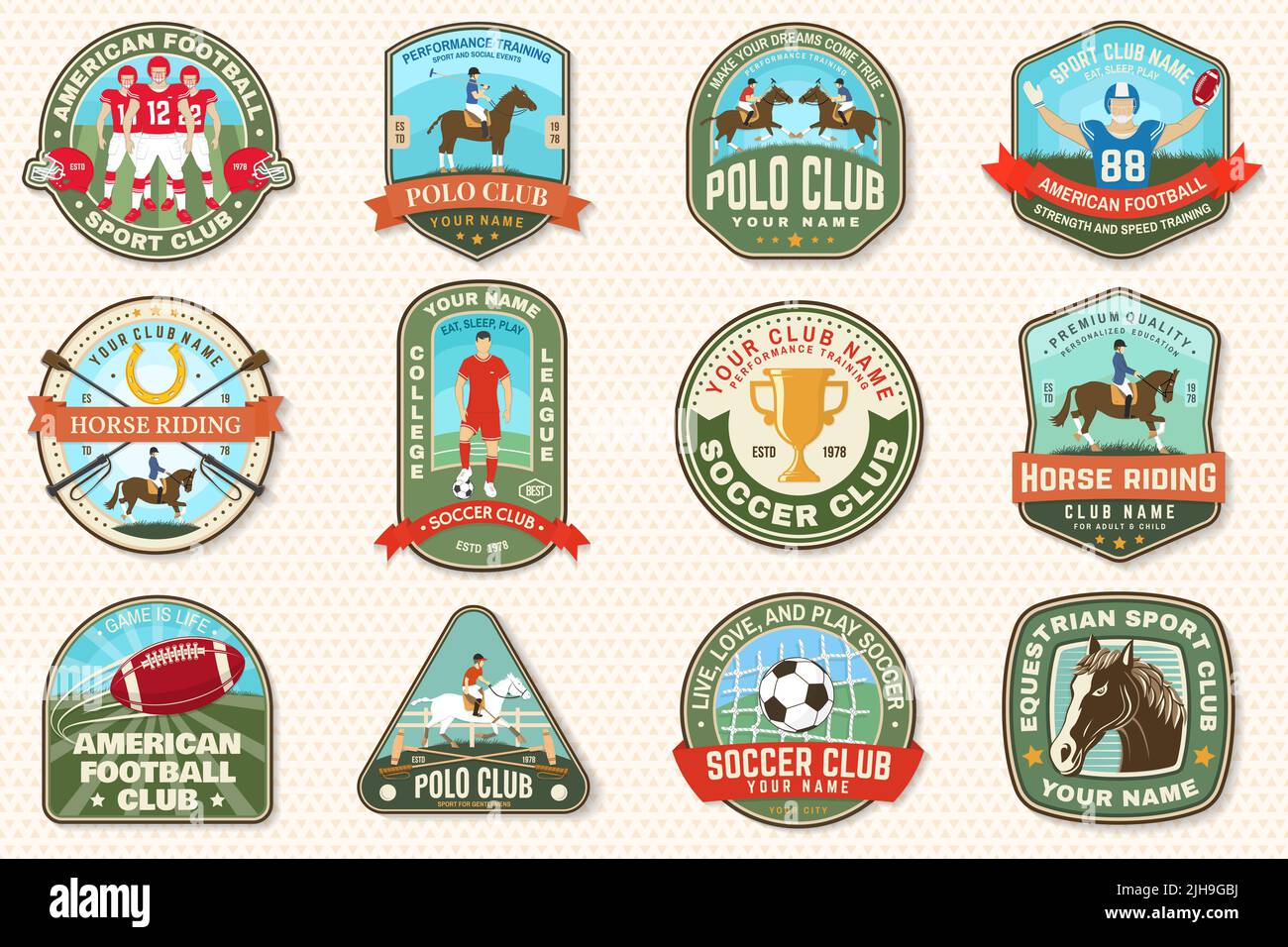 Set of american football, soccer, polo and horse riding club embroidery