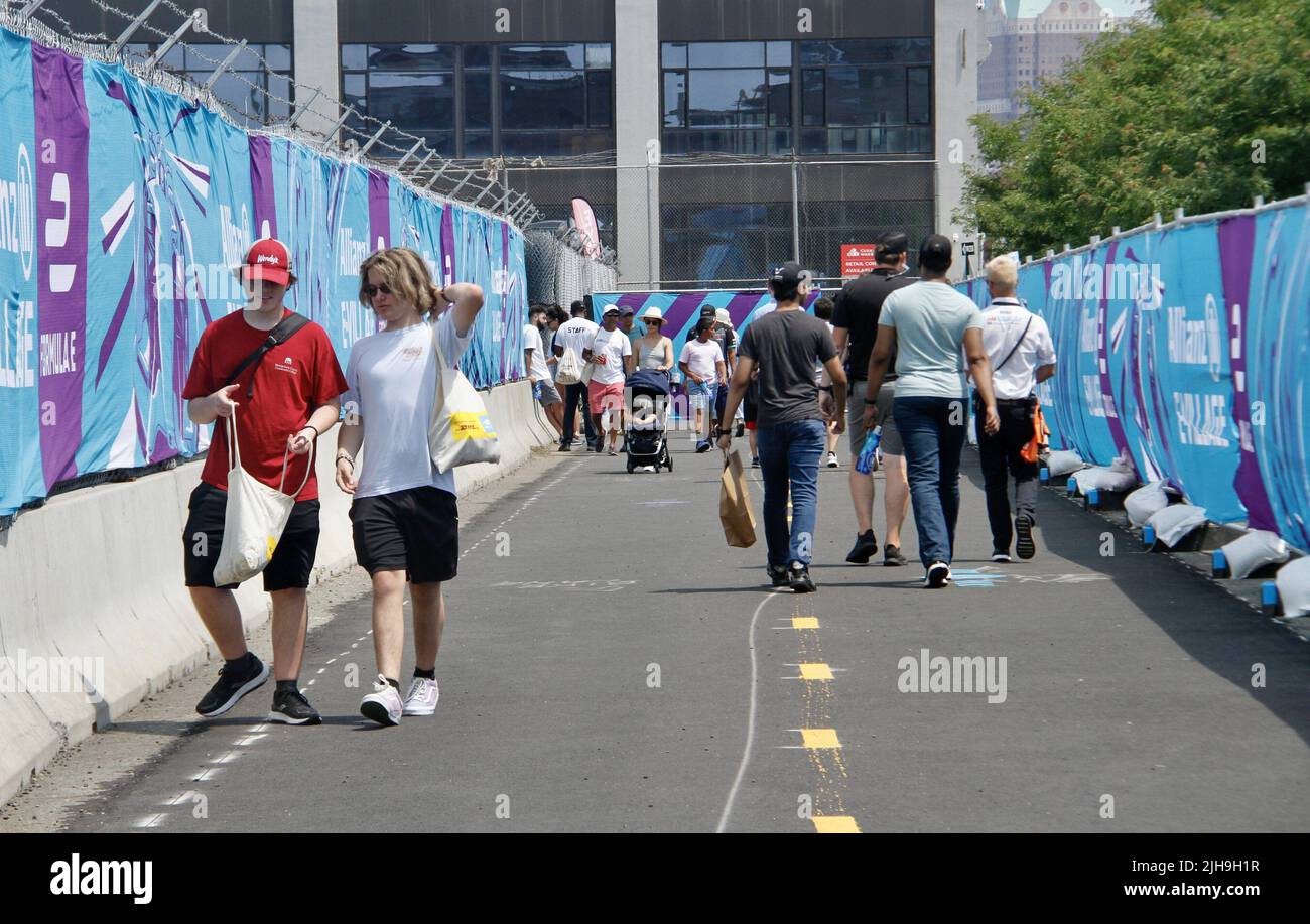 New York, USA, USA. 16th July, 2022. (SPO) The 2022 NYC Formula E-PRIX-General View. July 16, 2022, New York, USA: The general view of the 2022 New York City Formula E -Prix which is taking place from Friday (15) till Sunday (17) at FIA Brooklyn street circuit-New York. People had to make a long line to buy food, get access to play the games. It was really crowded despite a little rainfall. Credit: Niyi Fote /TheNews2 (Credit Image: © Niyi Fote/TheNEWS2 via ZUMA Press Wire) Stock Photo