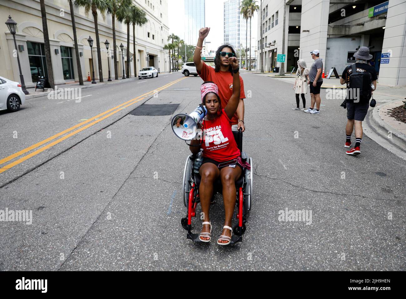 Ruth Beltran, a community activist, leads an abortion rights protest outside the venue of a summit by the conservative group 'Moms For Liberty' in Tampa, Florida, U.S. July 16, 2022.  REUTERS/Octavio Jones Stock Photo