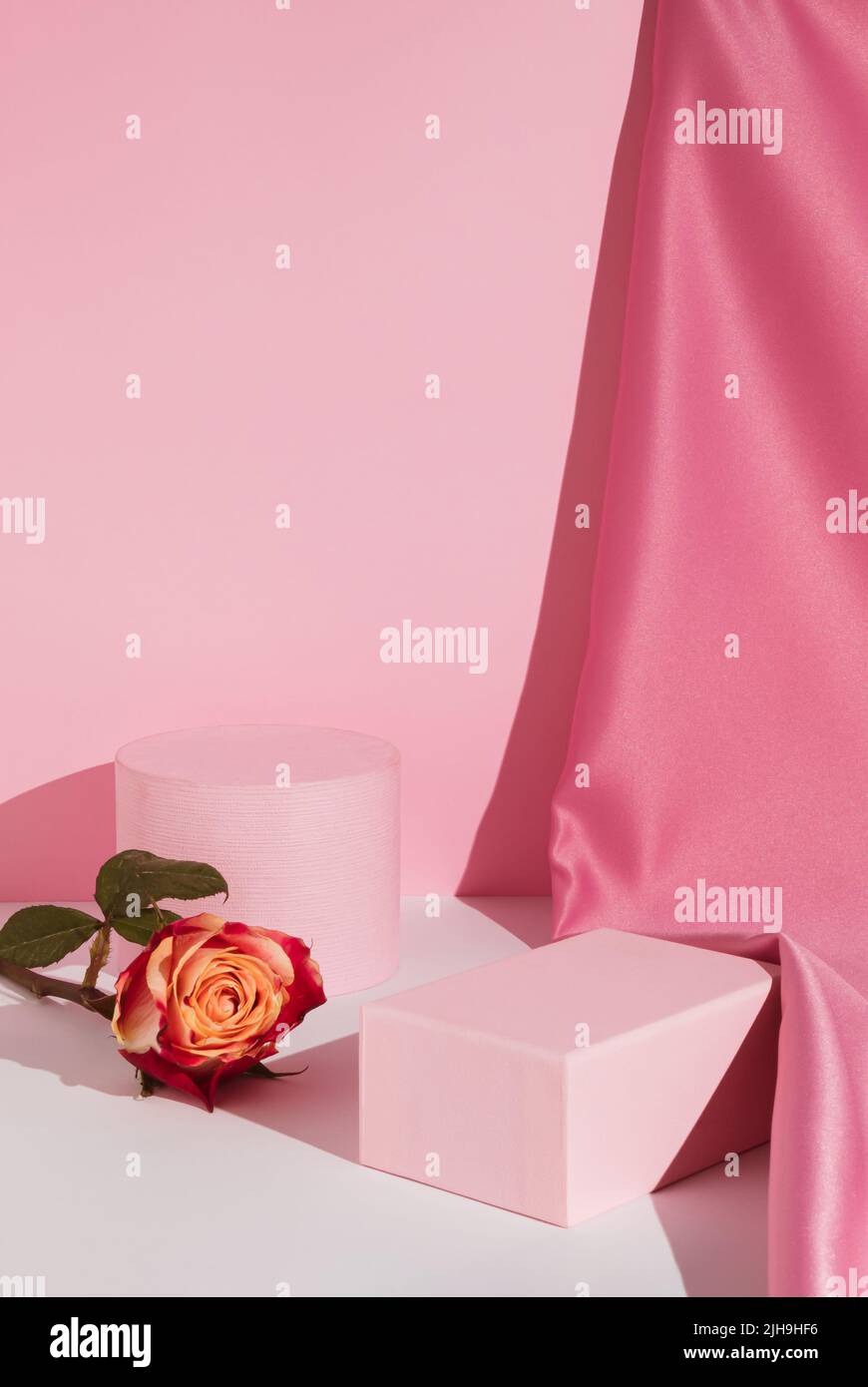 Romantic pastel pink composition. Satin curtain and rose flower ...